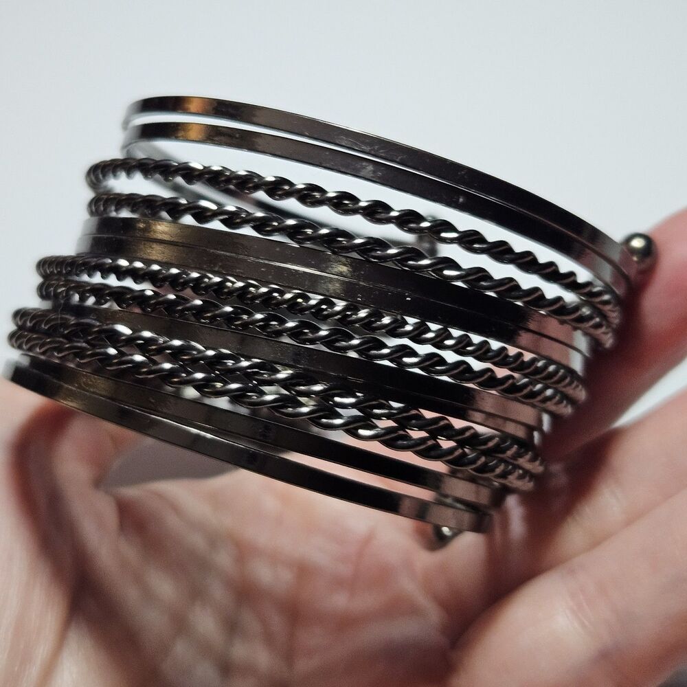 Dark Silver Tone Metal Multi Strand Cuff Statement Bracelet (14 Strand) 7"